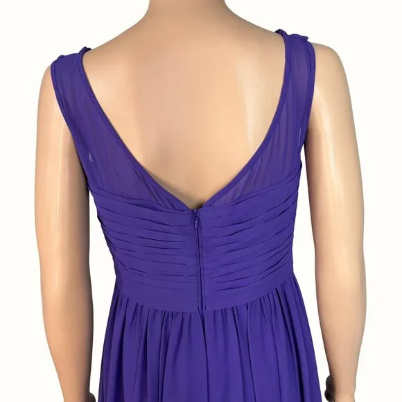 Bill Levkoff Purple Sleeveless Ruched Chiffon Gown With Sheer Neckline & V-Back - Picture 4 of 9